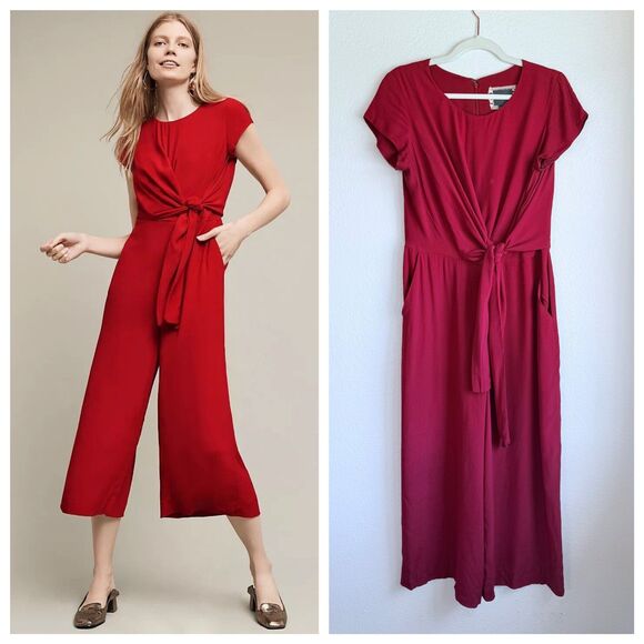 NWT Anthropologie Maeve Grier Cap Sleeve Cropped Jumpsuit in Wine Bordeaux Red - Picture 1 of 12